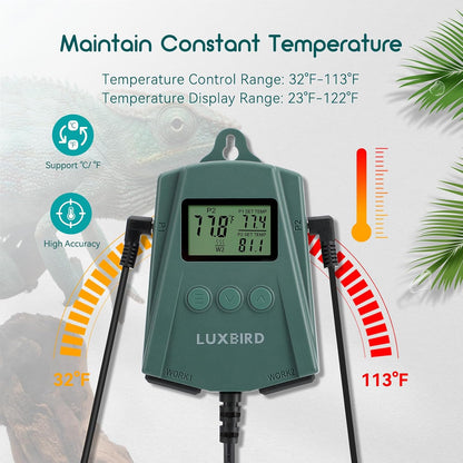 Close up of Luxbird digital thermostat LCD display with two probes