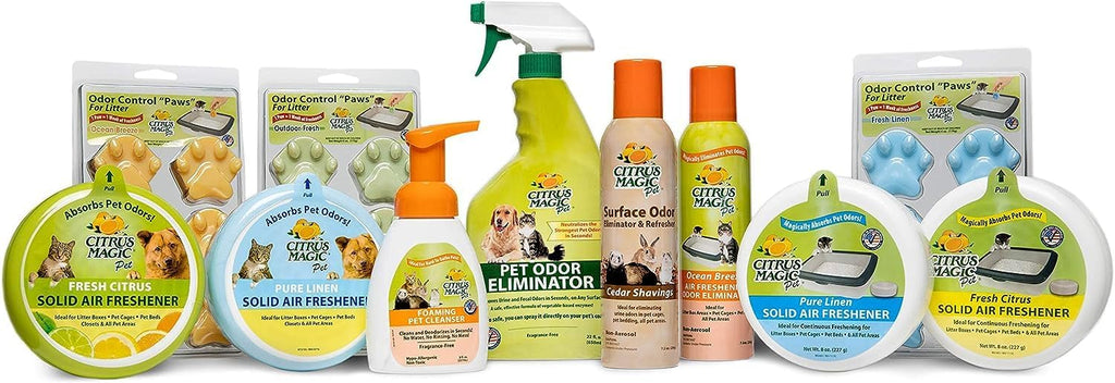 Citrus Magic long lasting pet odor eliminator baking soda formula label details.