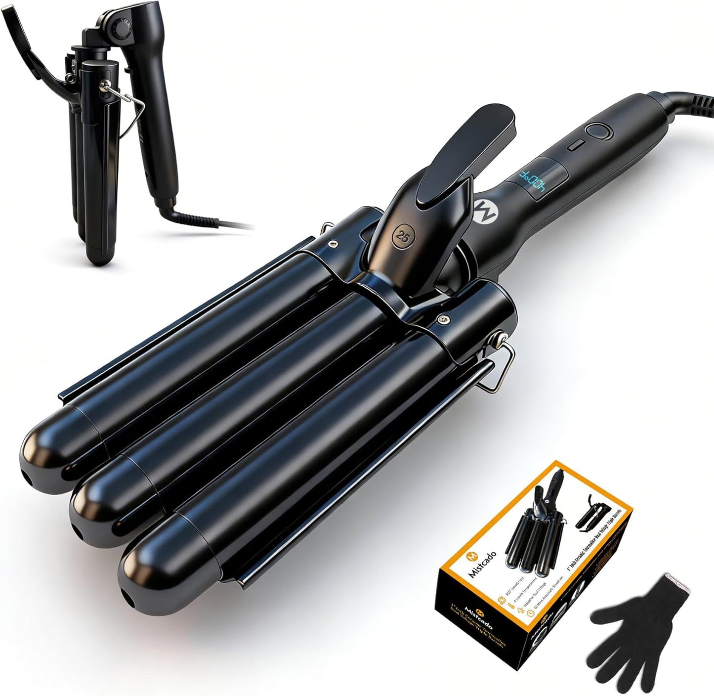 Mistcado 3 Barrel Curling Iron front view showing the triple black ceramic tourmaline barrels and digital LCD screen.