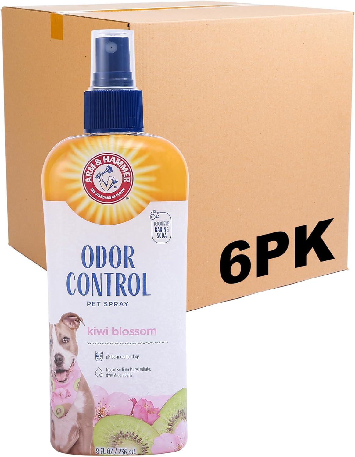 Arm and Hammer spray bottle next to dog grooming brush