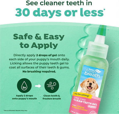 Tropiclean oral care gel bottle with natural ingredient icons