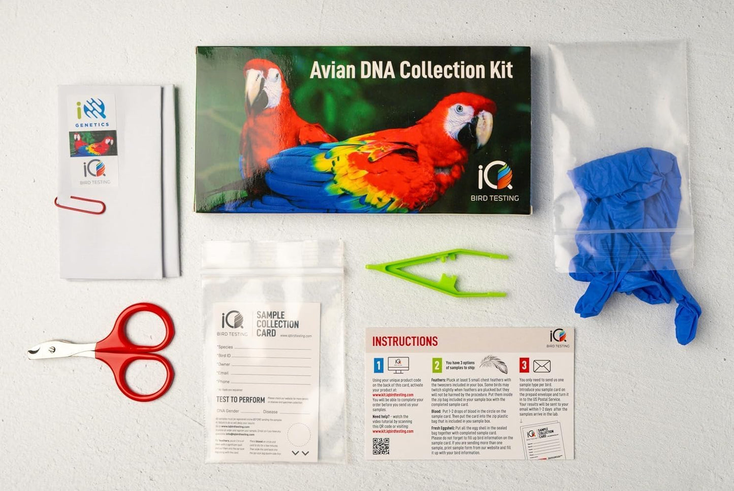 IQ Bird Testing DNA Gender Test Kit side view displaying laboratory address and authentication details