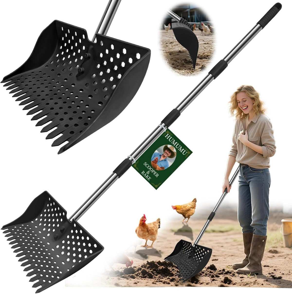 HUMUMU chicken poop scooper front view ergonomic coop cleaning tool