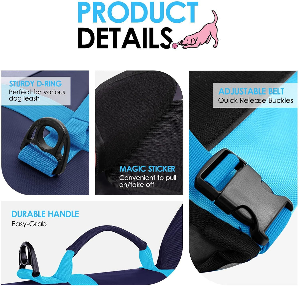 AOFITEE pet float coat showing the reinforced top rescue handle.