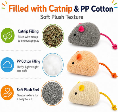 Close up of an individual colorful plush mouse teaser toy for kittens.
