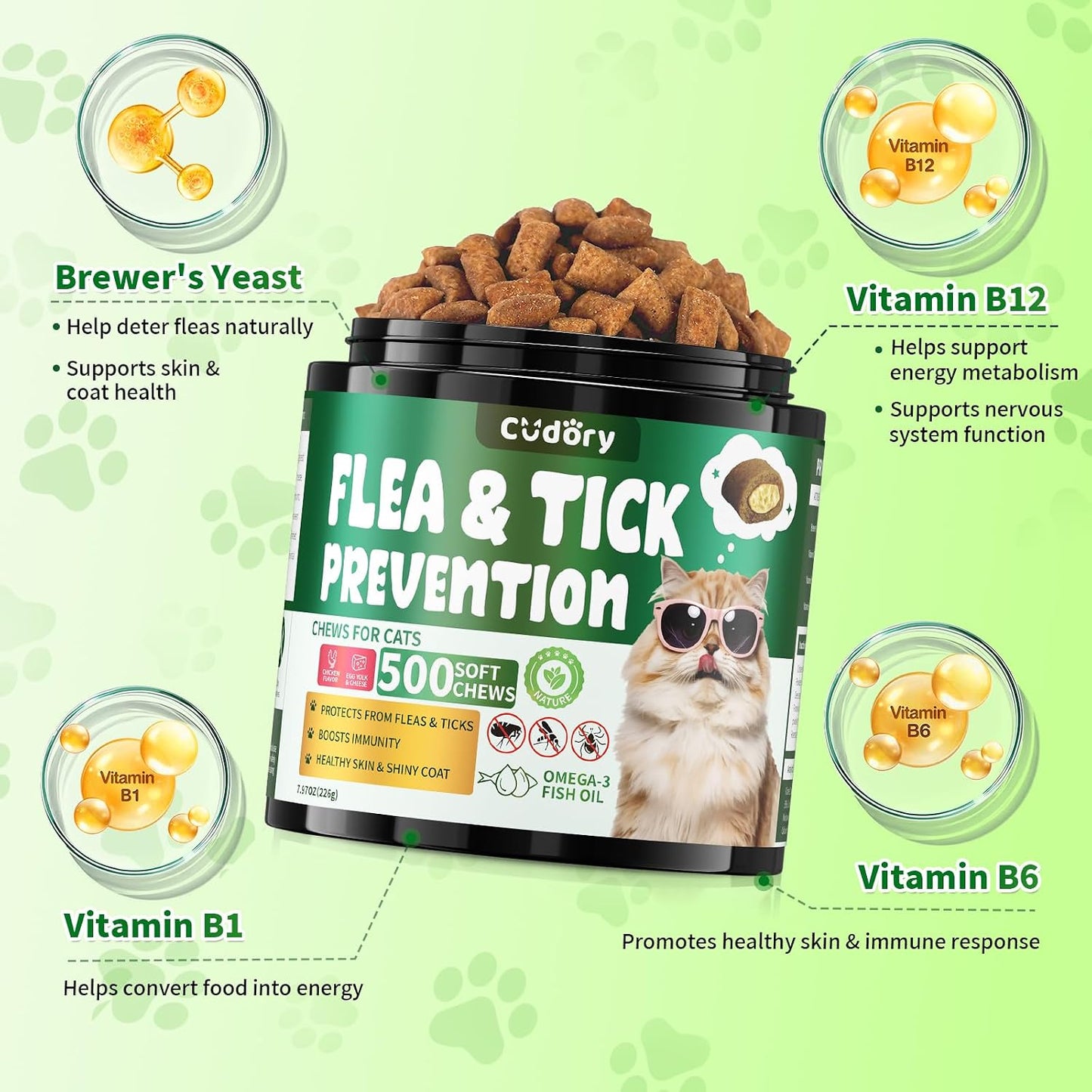 Infographic showing the combination of vitamin B-complex and omega-3 fish oil inside the cat supplements.