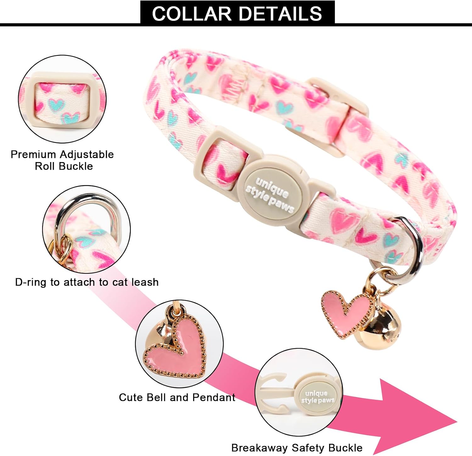 Unique Style Paws adjustable cotton cat collar displaying the engineered quick-release breakaway safety buckle closeup.