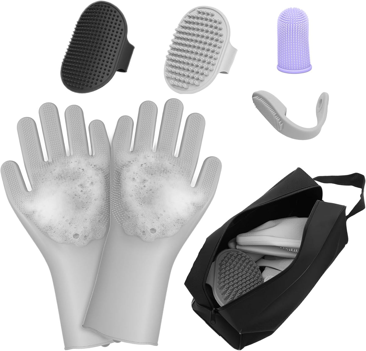 7 PCS Pet Grooming Kit for Dogs and Cats | Dog Washing Gloves | Dog Bath Brush | Cleanroom Gloves | Dog Shampoo Brush | Finger Toothbrushes | Storage Bag | All-in-One Pet Care (Pink) - Image 11