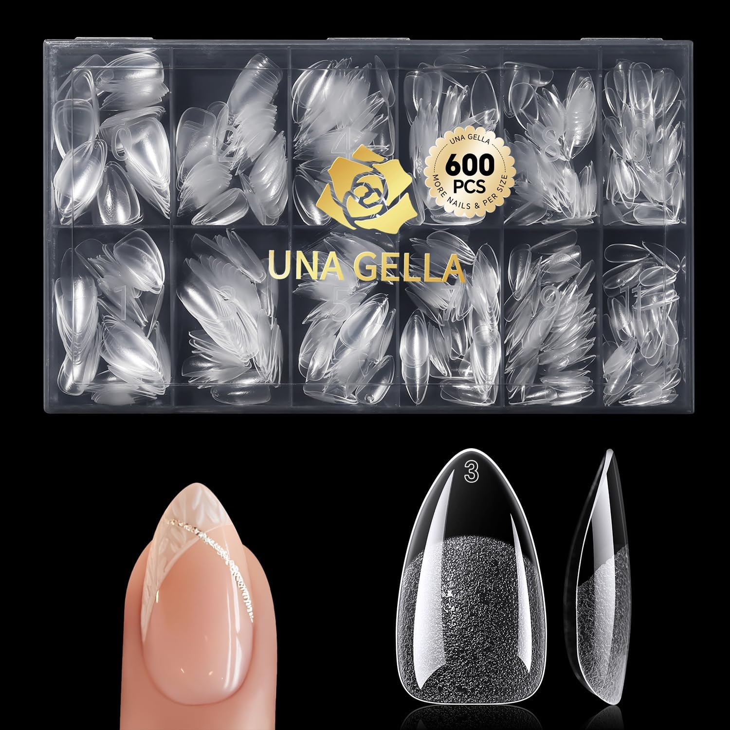 UNA GELLA short almond gel nail tips in a 600 piece pre-filed matte clear kit nail extension