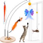 JXFUKAL interactive cat toy set showing the stable wooden base and dual flexible wands front view.
