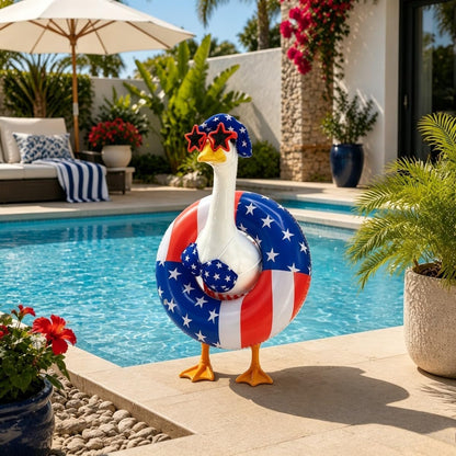 Close up of fade resistant polyester material on aymolas fourth of july goose outfit.