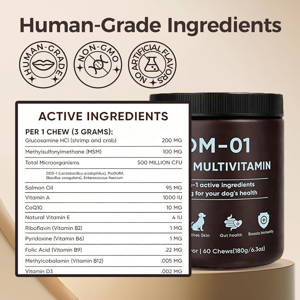 Weight-based daily dosage guide sticker on the side of the dog multivitamin container.