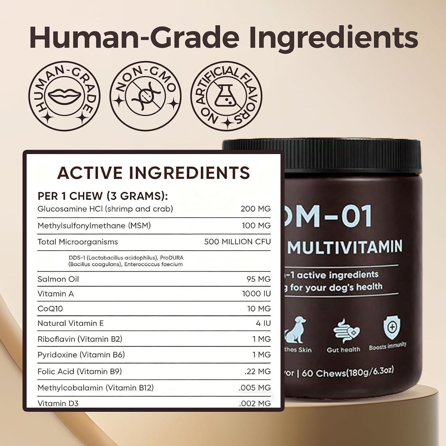Weight-based daily dosage guide sticker on the side of the dog multivitamin container.