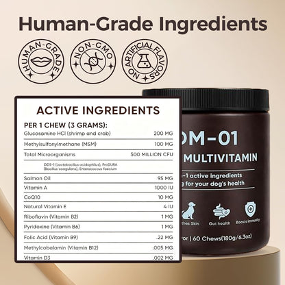 Weight-based daily dosage guide sticker on the side of the dog multivitamin container.
