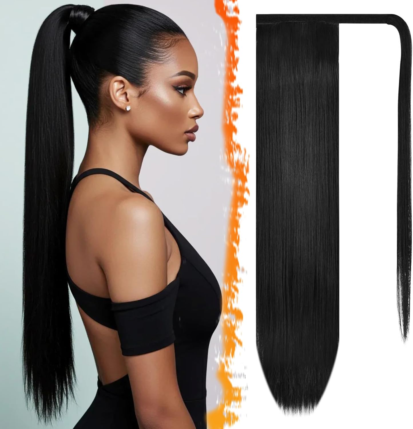 BARSDAR 26 inch straight ponytail extension front view showing sleek natural black hairpiece
