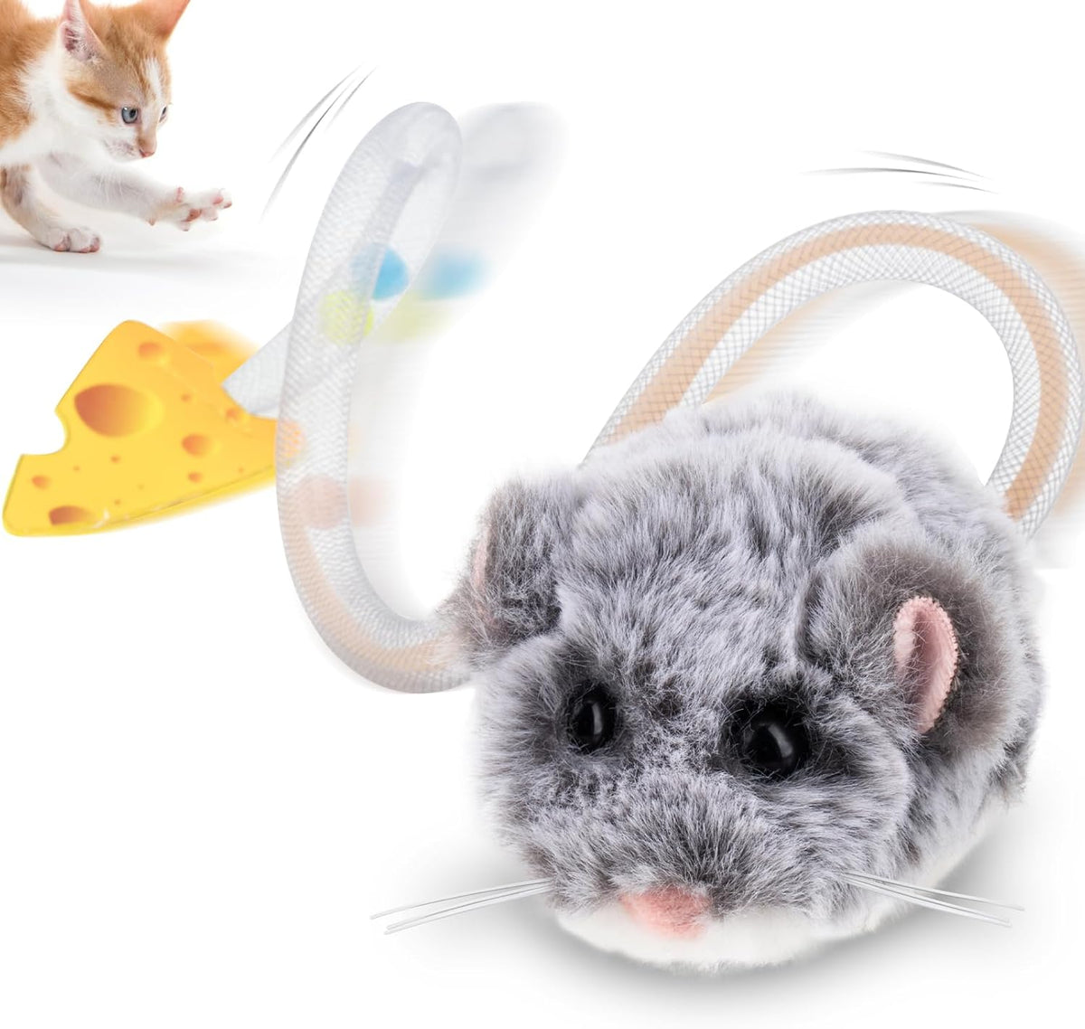 Migipaws Interactive MigiMouse Cat Toy 360 degrees Rolling & Spin with Mesh Plastic Tail for Indoor Cats Smart Motion Sensor, Realistic Squeak, Rechargeable Plush Kitten Toy(Grey) - Image 9