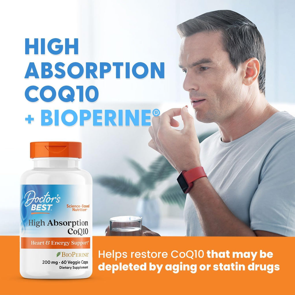 Side view of Doctor's Best High Absorption CoQ10 showing usage instructions and dosage details