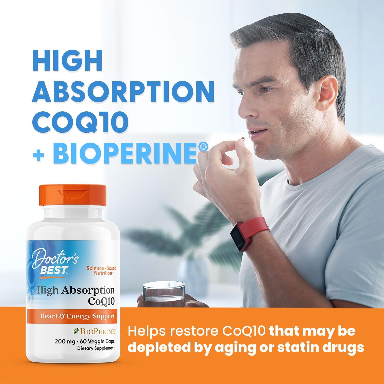 Side view of Doctor's Best High Absorption CoQ10 showing usage instructions and dosage details