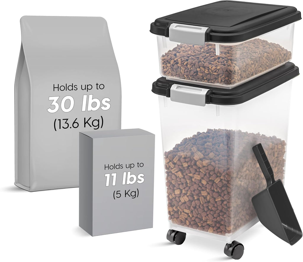 Iris Usa 30 lb and 11 lb pet food bin set with wheels