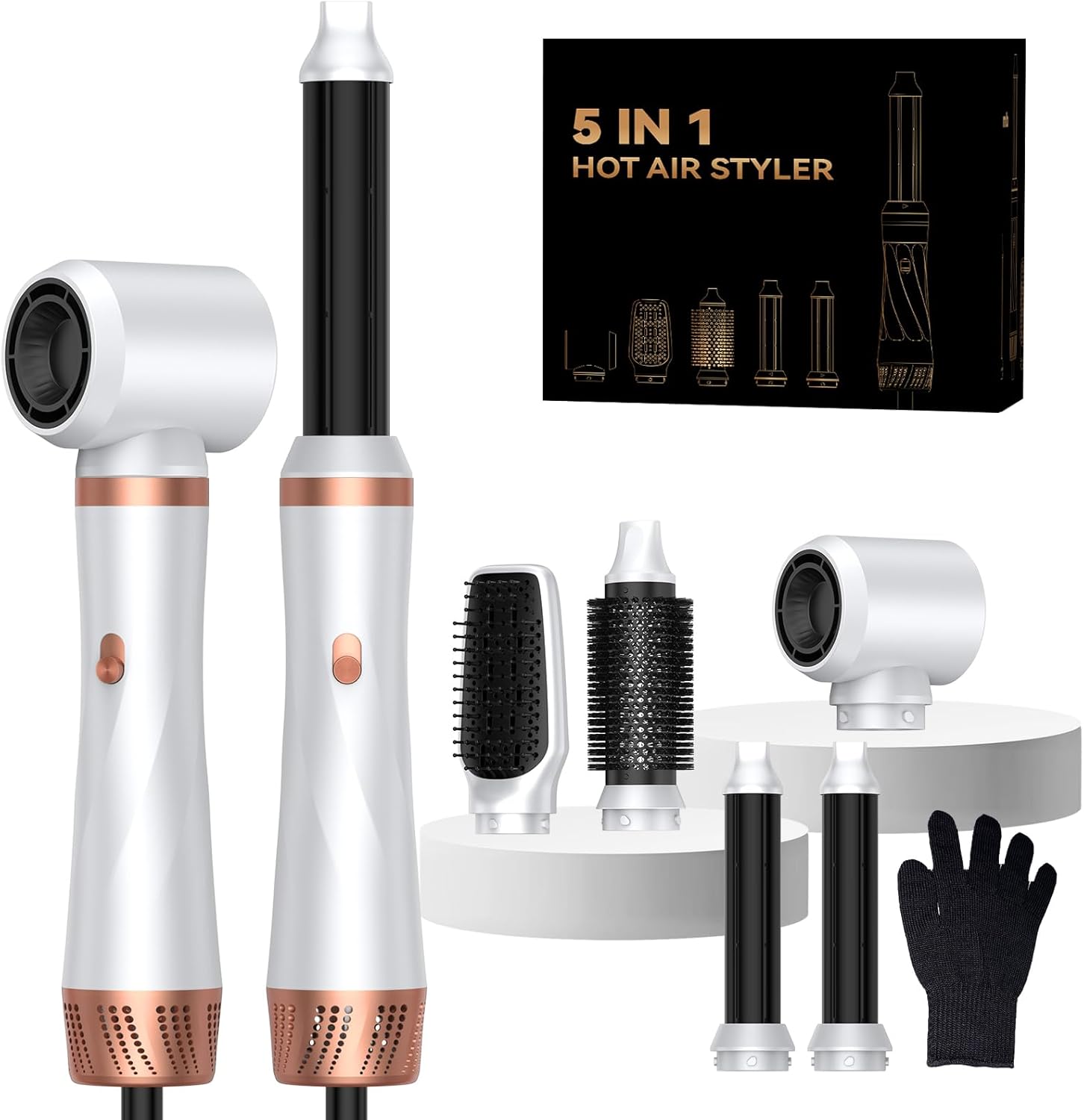Yitrust 5 in 1 hair dryer brush front view showing the main power handle and premium attachments