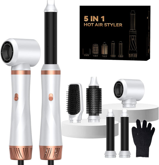 Yitrust 5 in 1 hair dryer brush front view showing the main power handle and premium attachments