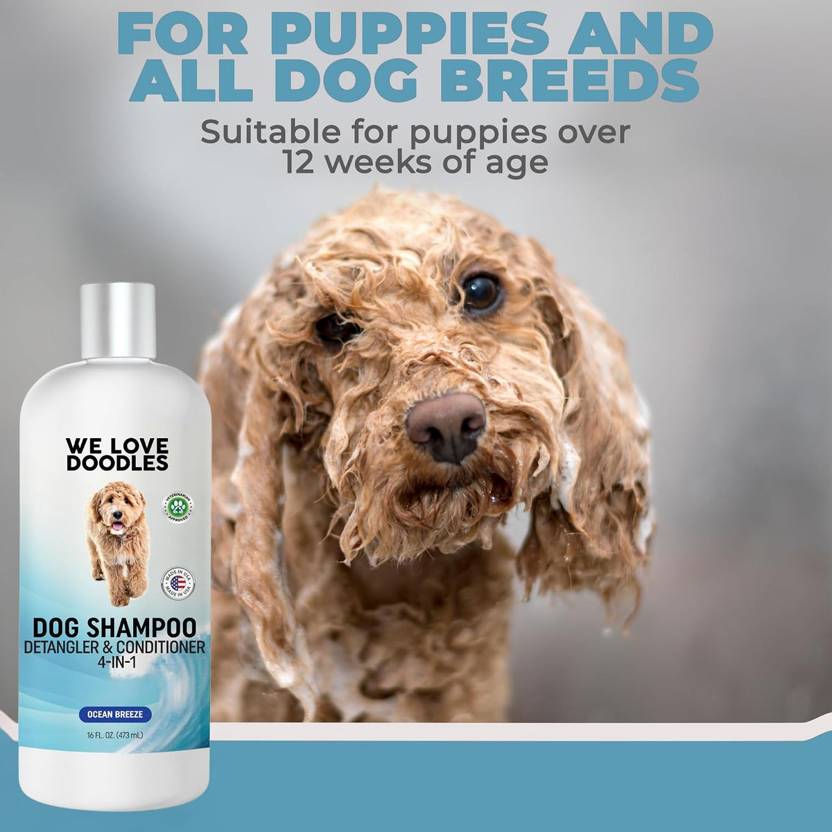 We Love Doodles 16 Fluid Ounces dog grooming shampoo for sensitive puppy skin.