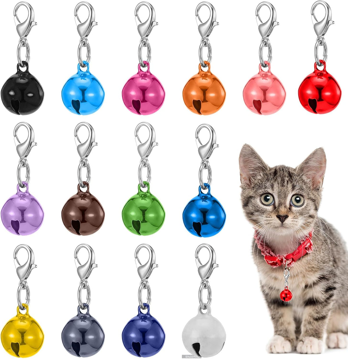ValueBargain cat collar bells 14 pack set front view showcasing multi-colored tracking accessories.