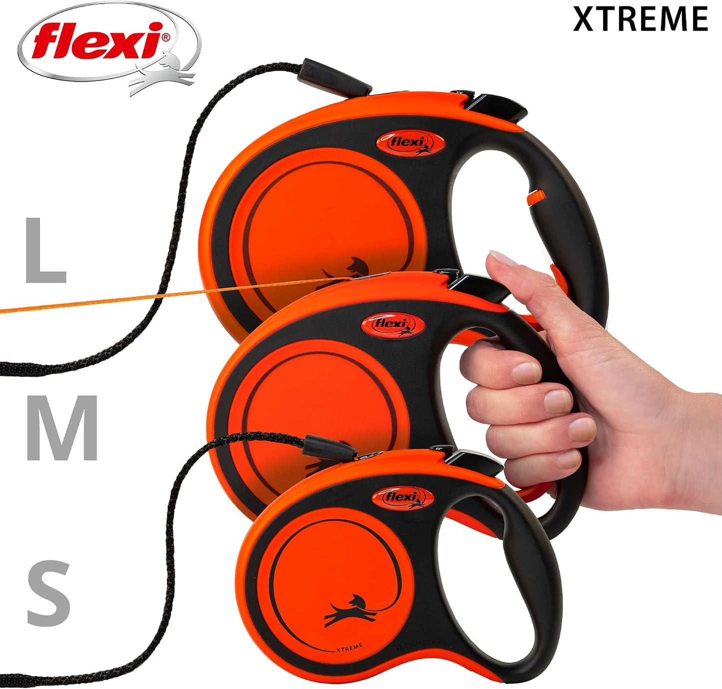 Side view of Flexi Xtreme orange and black retractable leash