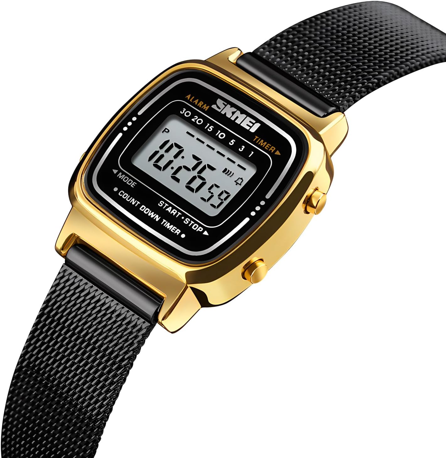 MASTOP minimalist petite women's wrist watch featuring an elegant gold-toned small dial case with a sleek black mesh steel bracelet.