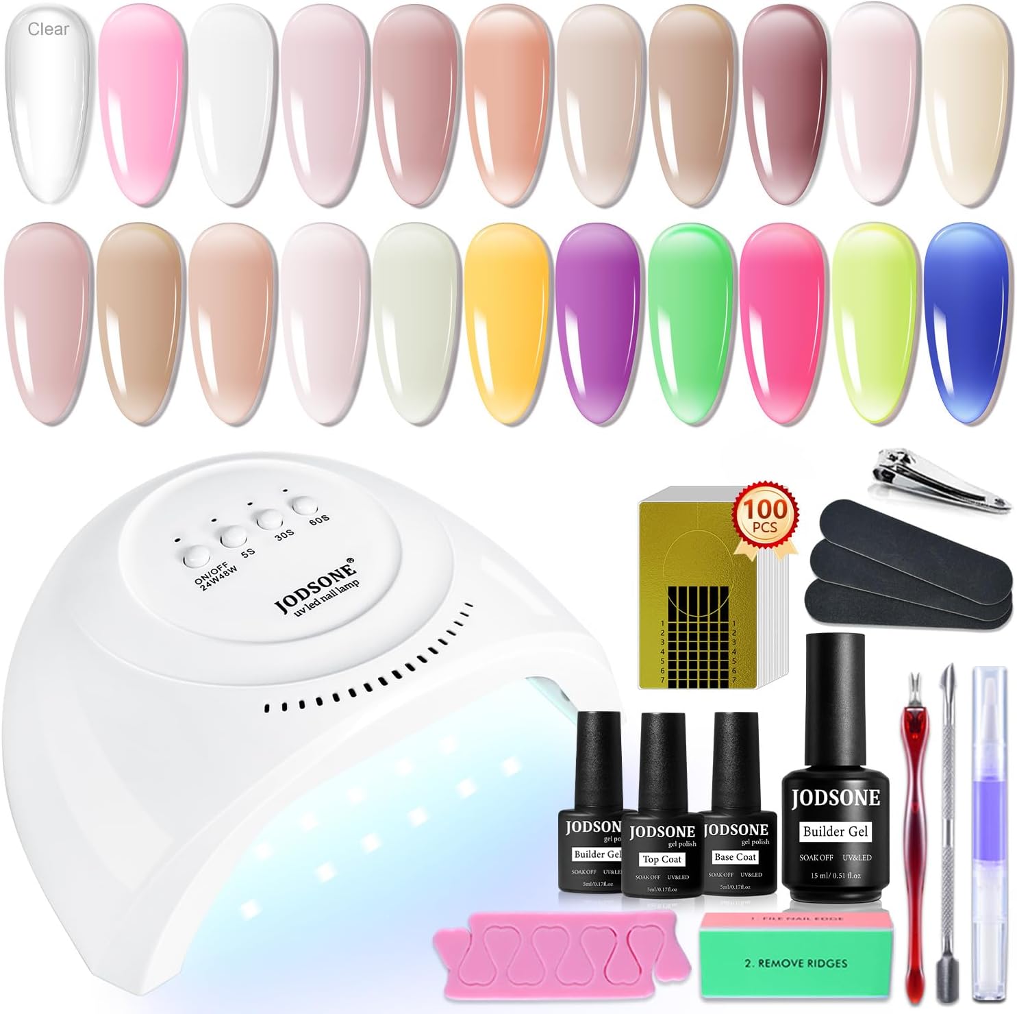 Jodsone builder gel nail kit with 21 colors and UV light front view