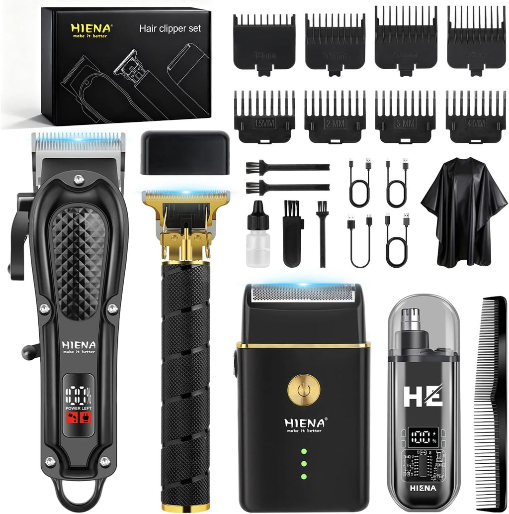 HIENA PRO Professional Cordless Hair Clippers front view showcasing the complete four in one barber kit with attachments.