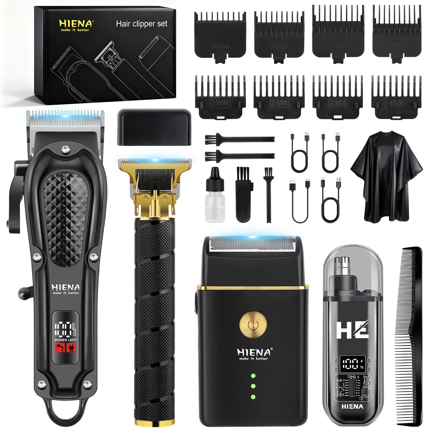 HIENA PRO Professional Cordless Hair Clippers front view showcasing the complete four in one barber kit with attachments.