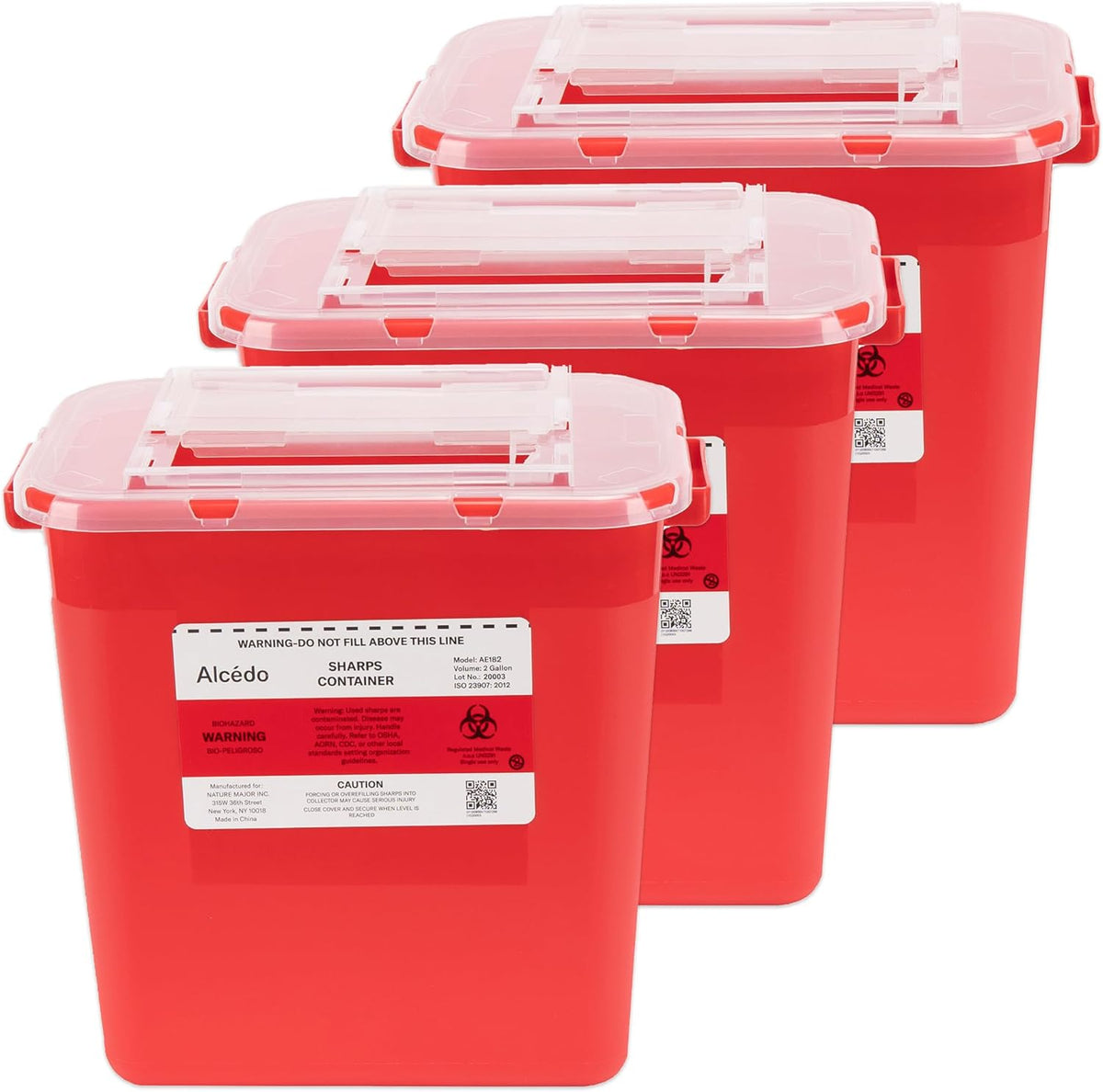 Alcedo sharps container 2 gallon 3 pack front view medical disposal