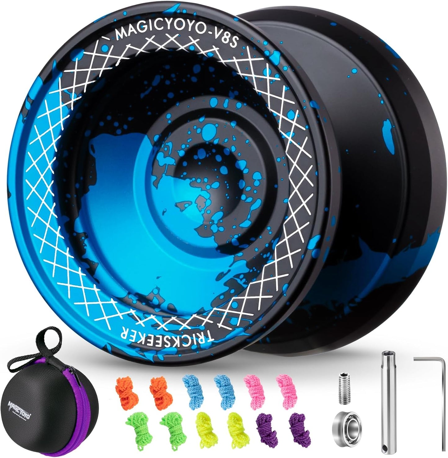 ShungRu V8s professional metal yoyo front view in black and blue