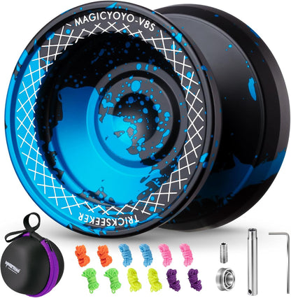 ShungRu V8s professional metal yoyo front view in black and blue