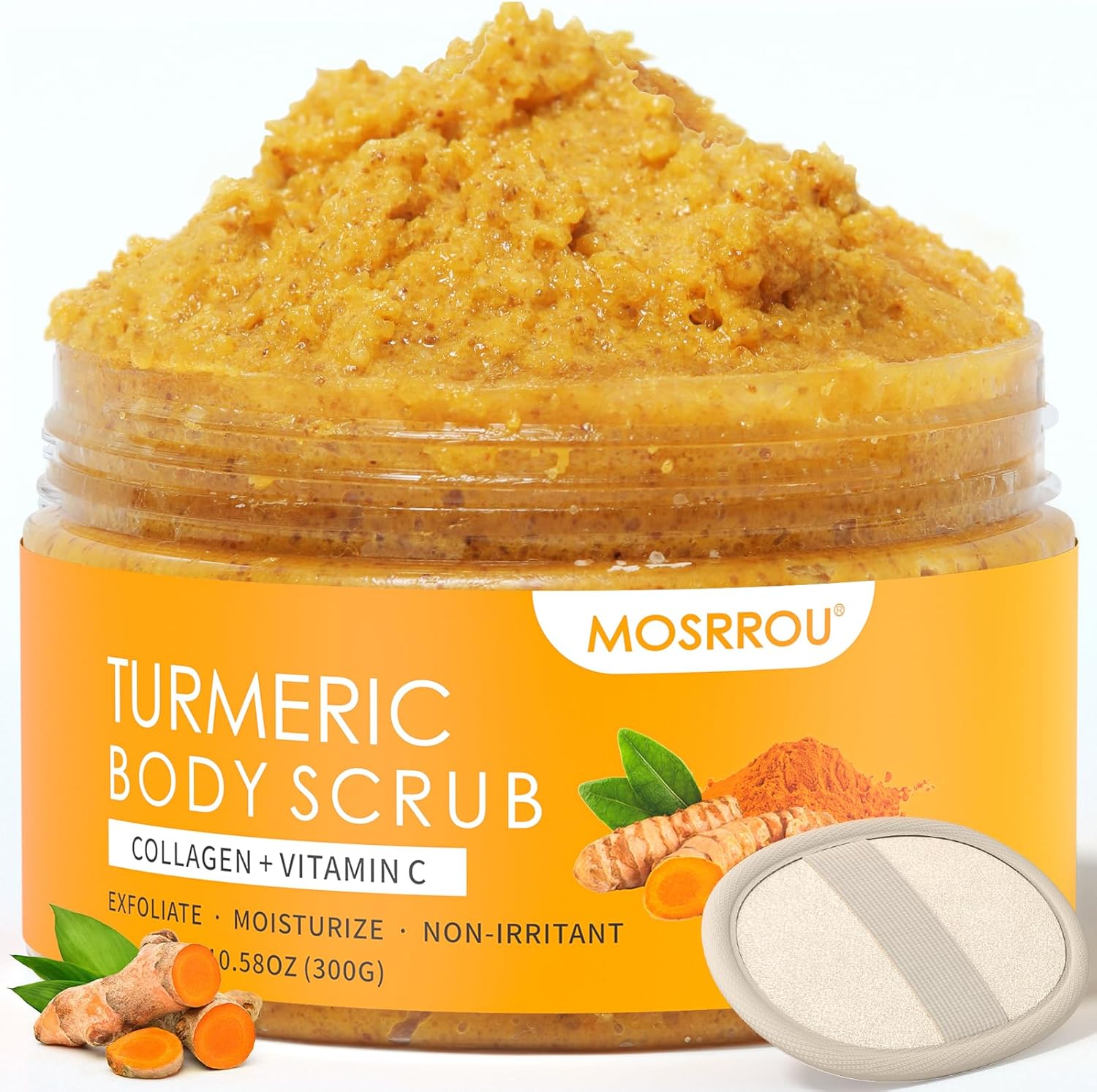 MOSRROU Turmeric Body Scrub front view showing jar packaging with vitamin C and collagen labels