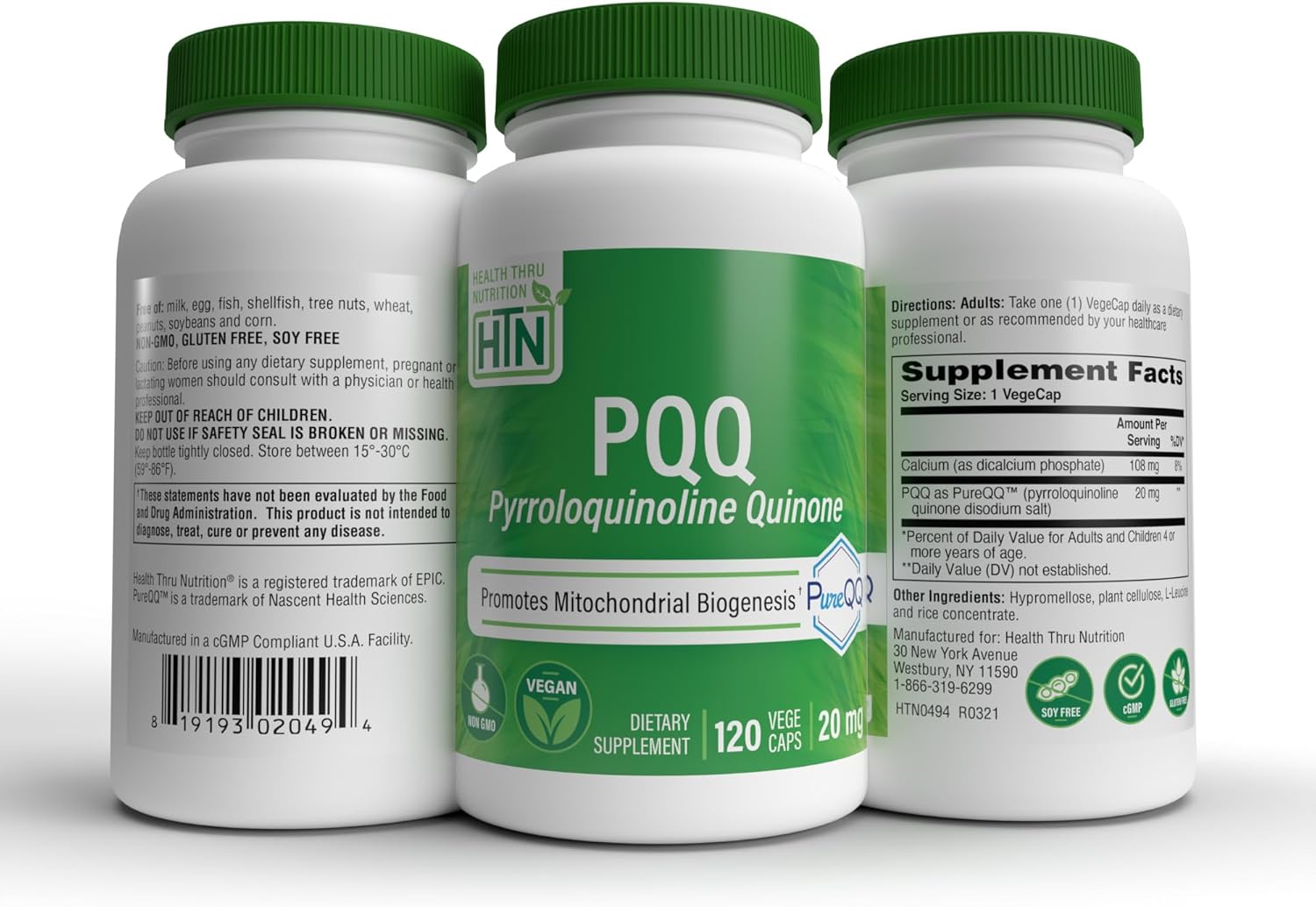 Detailed product presentation showing the full 120 count health thru nutrition PQQ supplement specifications.