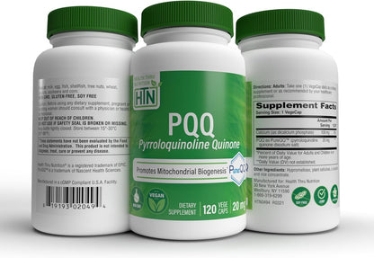 Detailed product presentation showing the full 120 count health thru nutrition PQQ supplement specifications.
