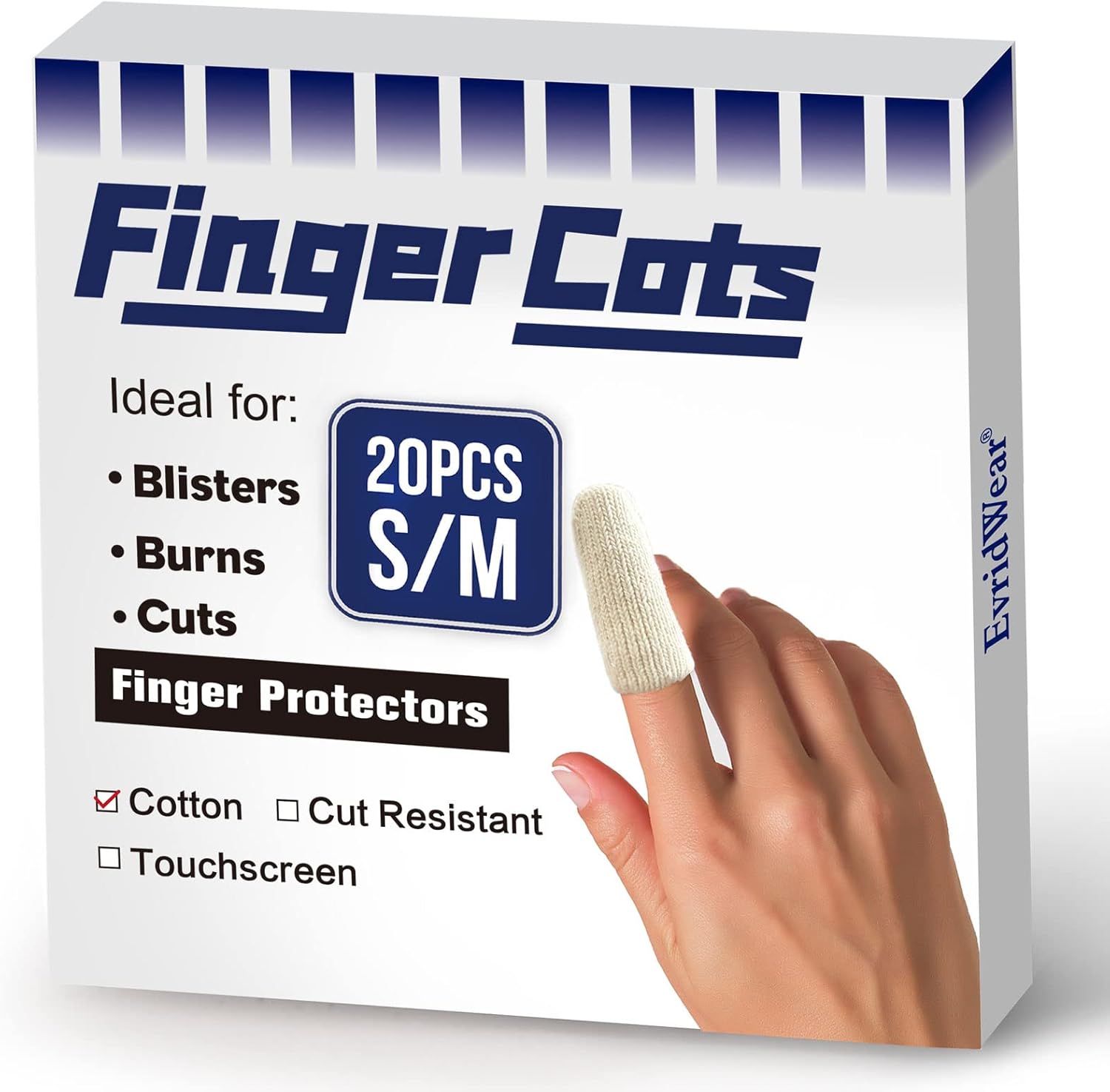 Evridwear Premium Cotton Finger Cots front packaging view showcasing 20 pieces for cracked skin relief.