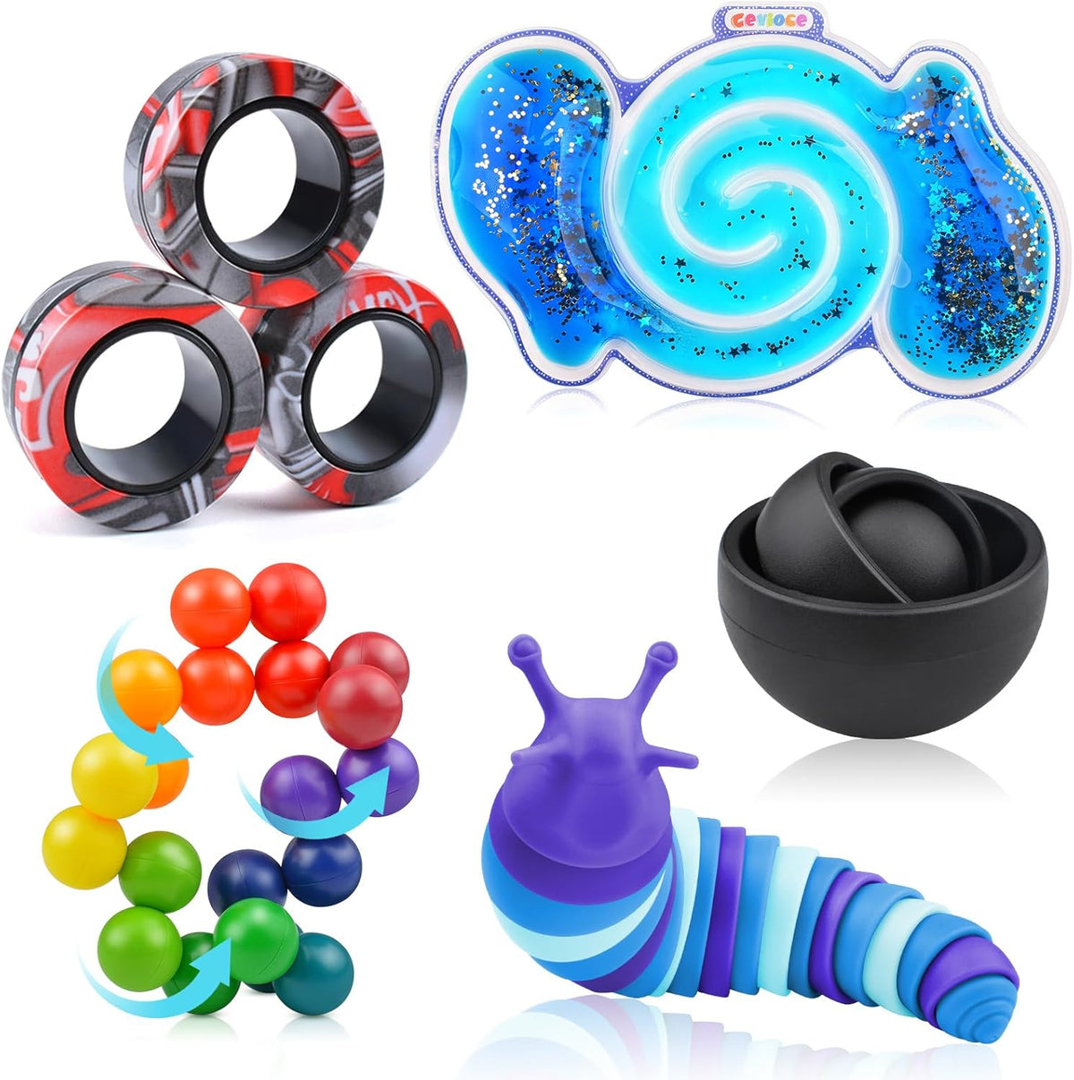 Cevioce 5 pieces fidget toy set featuring sensory slug and spinner.