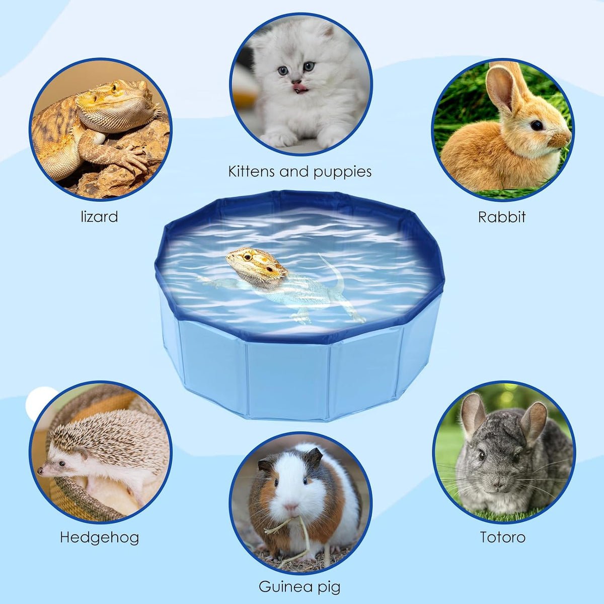 Absorbent microfiber reptile towel laid out beside the blue folded pet soaking pool.