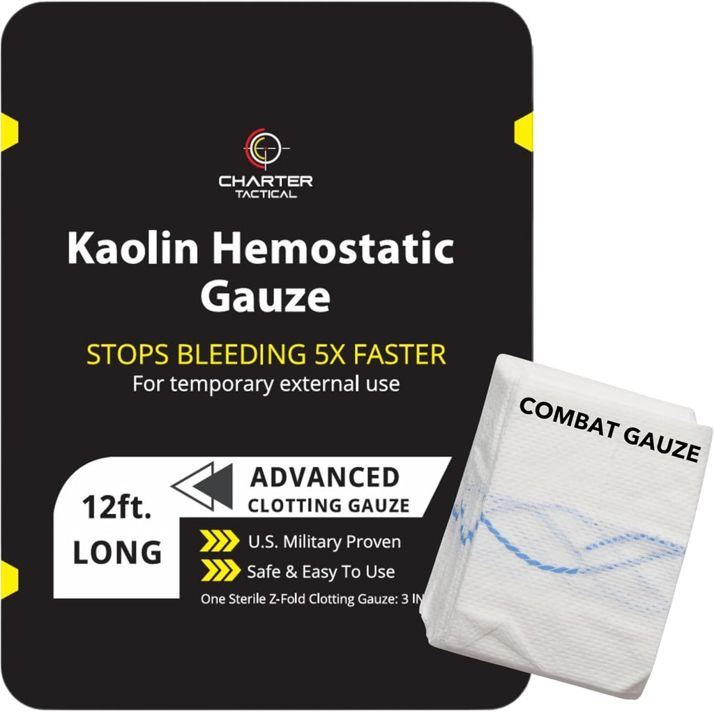 Charter Tactical Advanced Quick Clot Combat Gauze packaging front view for trauma kits