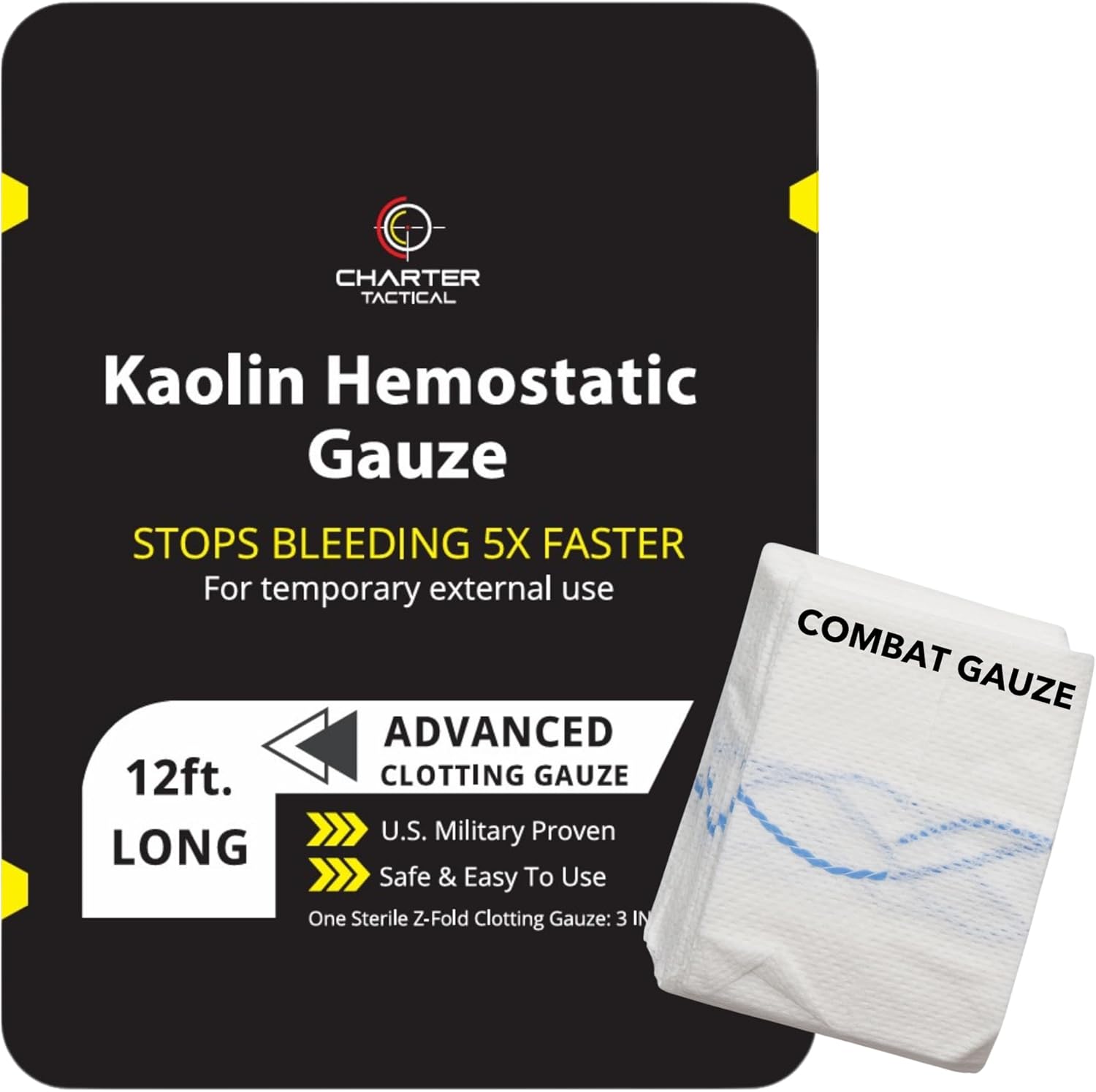 Charter Tactical Advanced Quick Clot Combat Gauze packaging front view for trauma kits