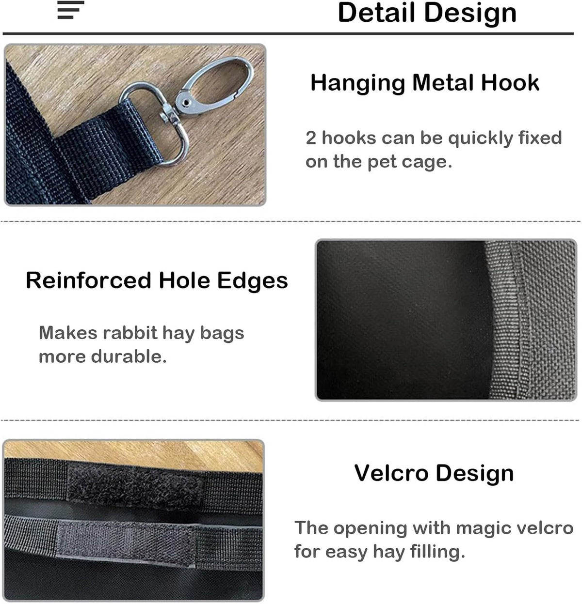 Rabbit Hay Feeder - Large Capacity Oxford Cloth Hanging Hay Bag - 4 Holes - 1 Pcs (Black) - Image 3