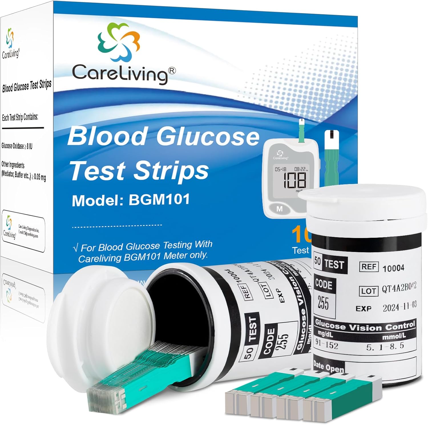 CareLiving BGM101 blood glucose test strips one hundred count front view box packaging