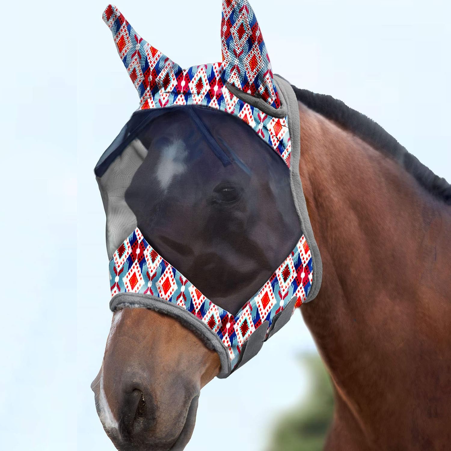 Detailed view of horse fly mask ear coverage design