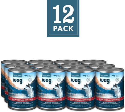 Wag brand grain free beef and vegetable dog food twelve pack packaging.