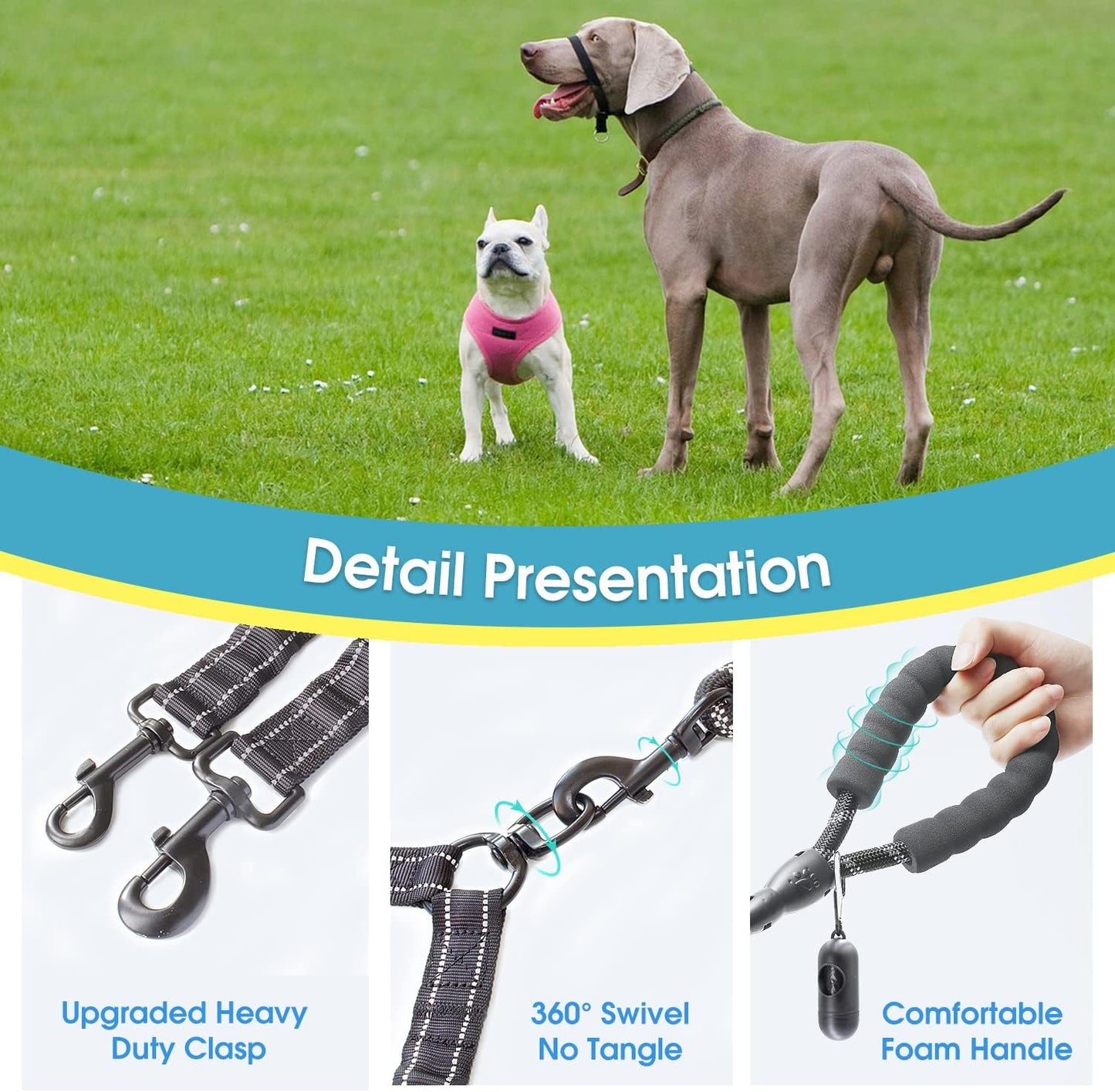 BAAPET reflective double dog lead highlighting safety stitching for night walks.