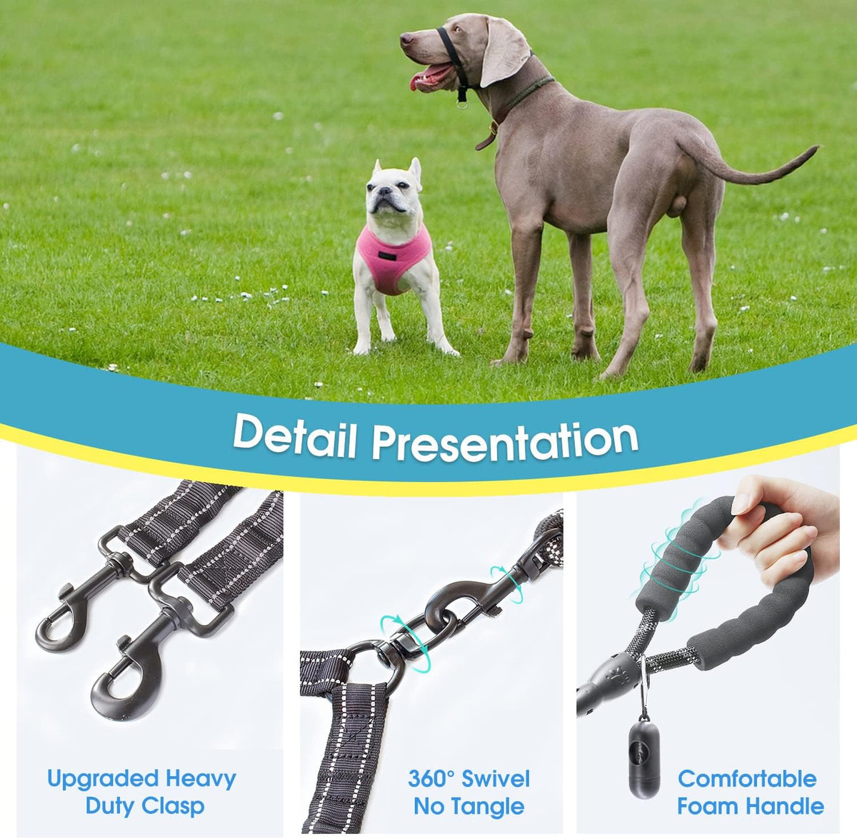 BAAPET reflective double dog lead highlighting safety stitching for night walks.