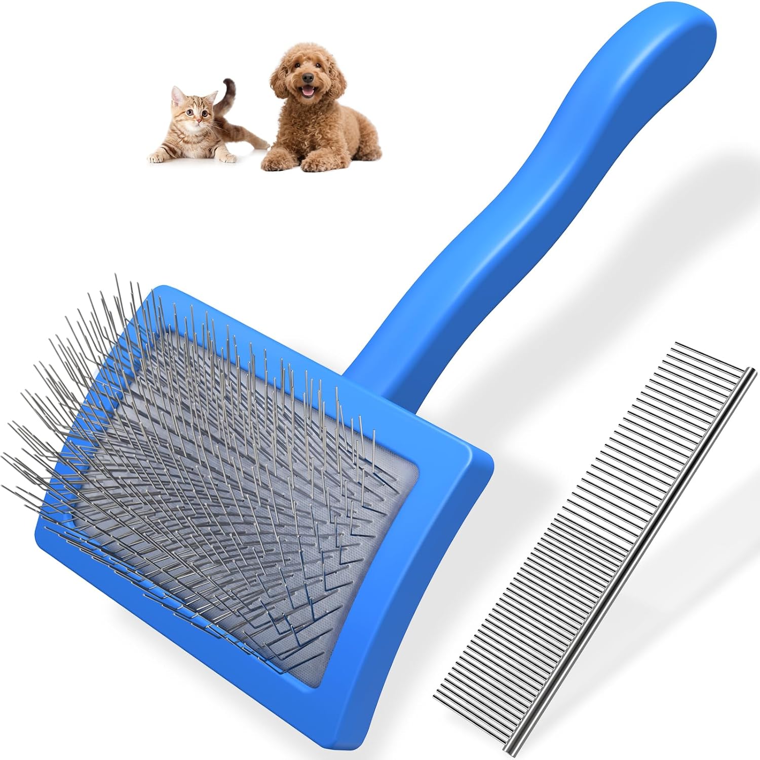 Saccison dog brush removing loose undercoat hair from a goldendoodle.